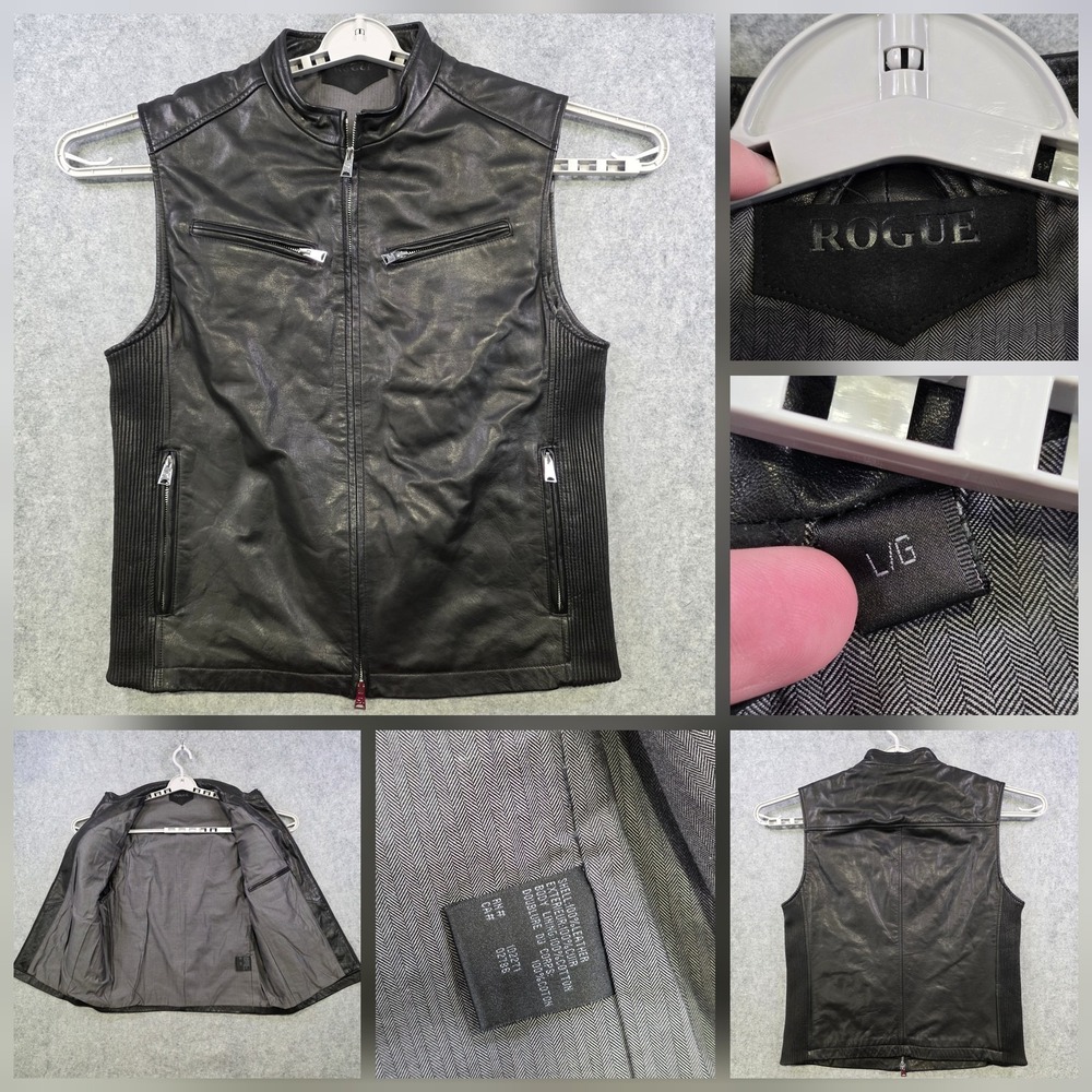 Rogue‎ Vest Mens Large Black Leather Biker Full Zip Motorcycle Pockets Lined